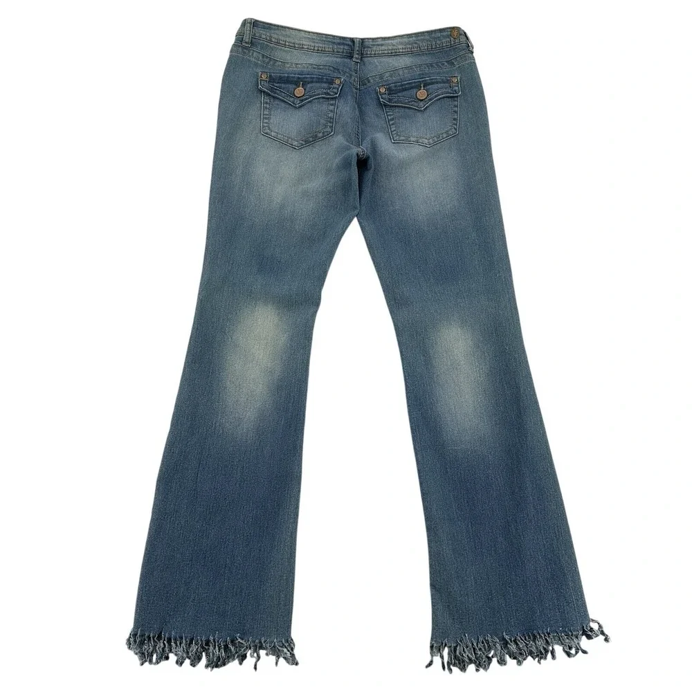 True Freedom Women 32 Flare Jeans Blue Guitar Peace Patch Frayed Hem  Hippie Y2K